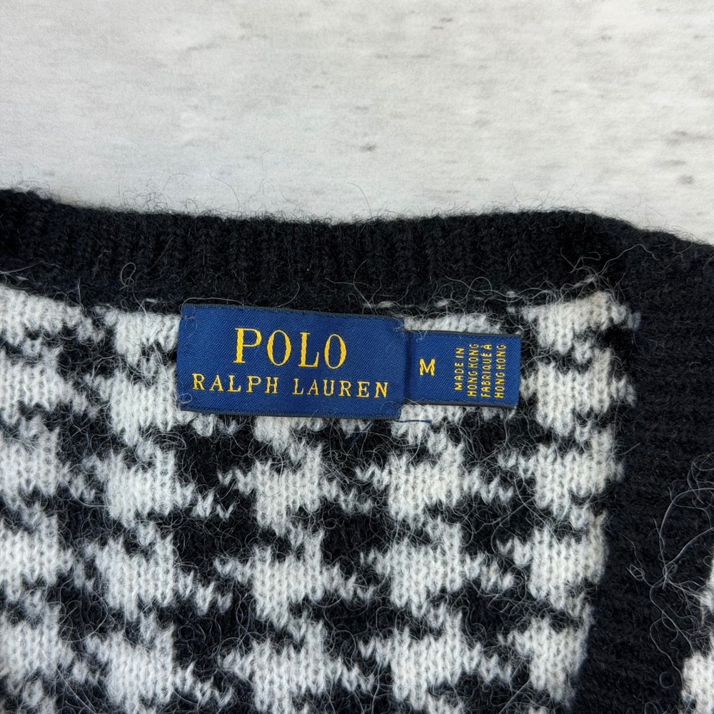 Polo Ralph Lauren Mens Houndstooth Sweater Vest Black White V-Neck Knit Medium - Picture 3 of 5